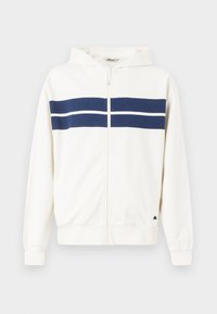 Sweat à capuche blanc zippé avec capuche et deux bandes horizontales bleu foncé sur la poitrine, présenté sur un fond uni.