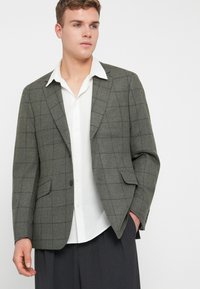 Pelēks svītrots žakets ar izvērstiem atlociem, divām priekšējām kabatām un vienu pogu slēgšanu, uzvilkts pār baltu kreklu un pelēkām biksēm.