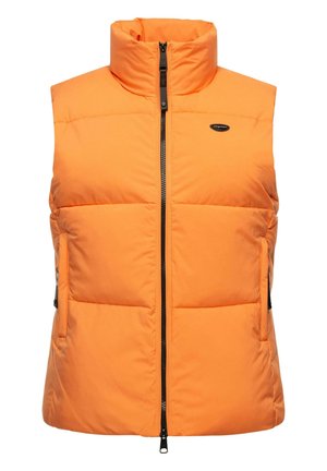 Orange padded vest features a high collar, full front zipper, and side pockets with black hardware detail. Smooth exterior texture.