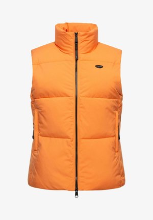 Orange polstret vest har høj krave, fuld frontlynlås og sidelommer med sorte hardwaredetaljer. Glat overfladetextur.