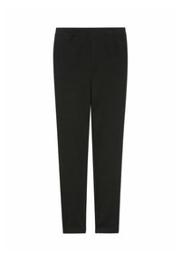 Czarne legginsy wykonane z miękkiego, elastycznego materiału. Posiadają gładką strukturę oraz elastyczny pas dla wygody. Bez widocznych wzorów ani elementów metalowych.