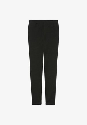 Czarne legginsy wykonane z miękkiego, elastycznego materiału. Posiadają gładką strukturę oraz elastyczny pas dla wygody. Bez widocznych wzorów ani elementów metalowych.