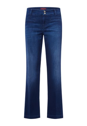 Jeans oscuros de corte acampanado con una textura de denim suave. Cuenta con dos bolsillos frontales y una cintura de doble botón. Apertura de pierna recta.