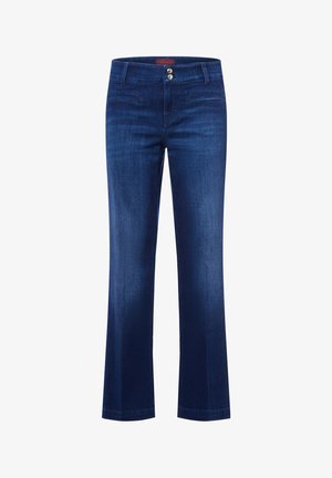 Ausgeflogene dunkelblaue Jeans mit glatter Denim-Oberfläche. Verfügt über zwei Fronttaschen und einen Doppelknoopbund. Gerade Beinöffnung.
