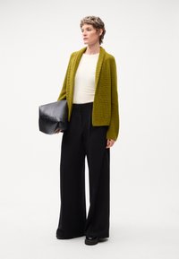 Cardigan lavorato a maglia verde oliva, top bianco aderente, pantaloni neri larghi, tiene una pochette in pelle nera, scarpe nere piatte. Design semplice.