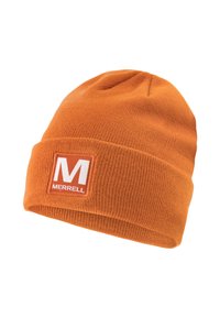 Orange knit beanie with a folded cuff, featuring a square Merrell logo patch in white with an orange background. Soft texture, close-fitting design.