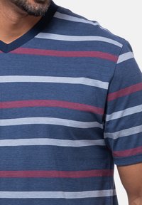 V-neck T-shirt in navy blue with horizontal stripes in white and red. Soft texture, casual fit, with short sleeves and a relaxed design.