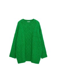 Pull vert en tricot avec un motif torsadé, col rond et épaules tombantes. Le tissu semble texturé et épais.