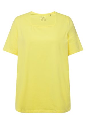 Geel t-shirt met korte mouwen en een vierkante halslijn, gemaakt van zachte katoen, met een relaxte pasvorm en minimalistisch ontwerp.