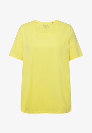 T-shirt jaune à manches courtes avec un col carré, fabriqué en coton doux, offrant une coupe décontractée et un design minimaliste.