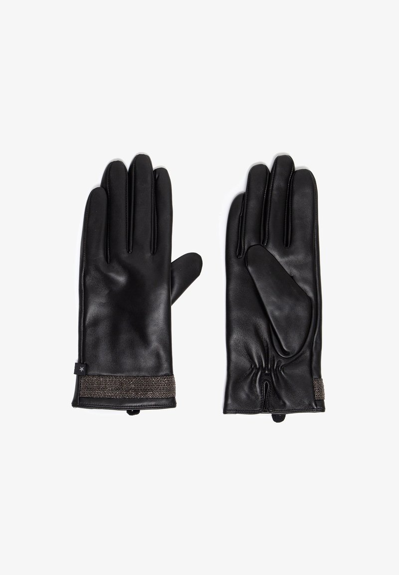 Mustad mustriga nahast kindad, millel on tekstuurne mansett dekoratiivse ribaga, kokku tõmmatud randmeosa ning siledad sõrmed ja peopesa.