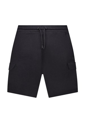 Zwarte casual shorts met een elastische tailleband, trekkoord en klepzakken aan beide zijden voor opbergruimte.