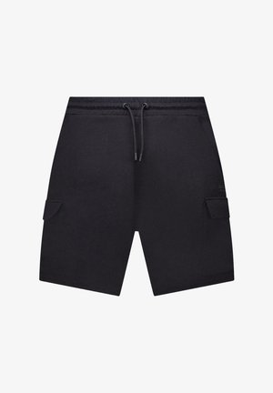 Zwarte casual shorts met een elastische tailleband, trekkoord en klepzakken aan beide zijden voor opbergruimte.