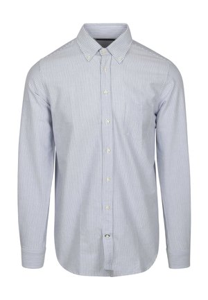 Gestreepte overhemden in lichtblauw en wit, katoenen stof, lange mouwen, kraag met knopen, enkele borstzak, slim fit.