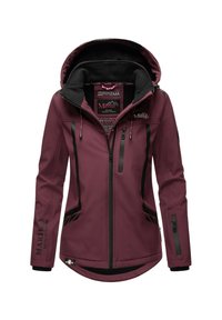 Dark purple hooded softshell jacket with black zipper pockets, adjustable drawstrings, and Marikoo Mountain branding on chest and sleeve.