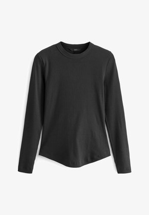 Černé tričko s dlouhým rukávem z žebrované látky. Má kulatý výstřih a mírně zakřivený lem, s hladkou texturou po celém povrchu.