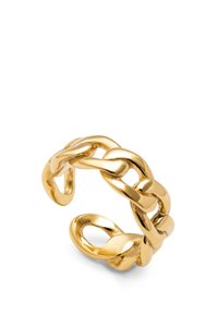 Anello in oro con catena a maglie, con una finitura liscia e lucida, caratterizzato da collegamenti ovali e rotondi interconnessi in un design continuo.