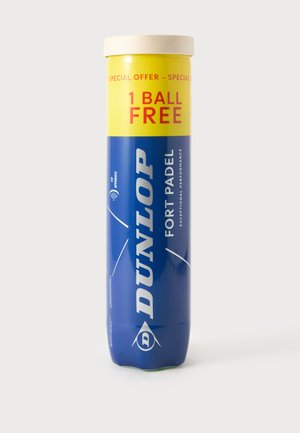 Dunlop Fort Padel dóza na loptičky s modro-žltým dizajnom, označená ako "1 ball free" špeciálna ponuka a schválené logo FIP.