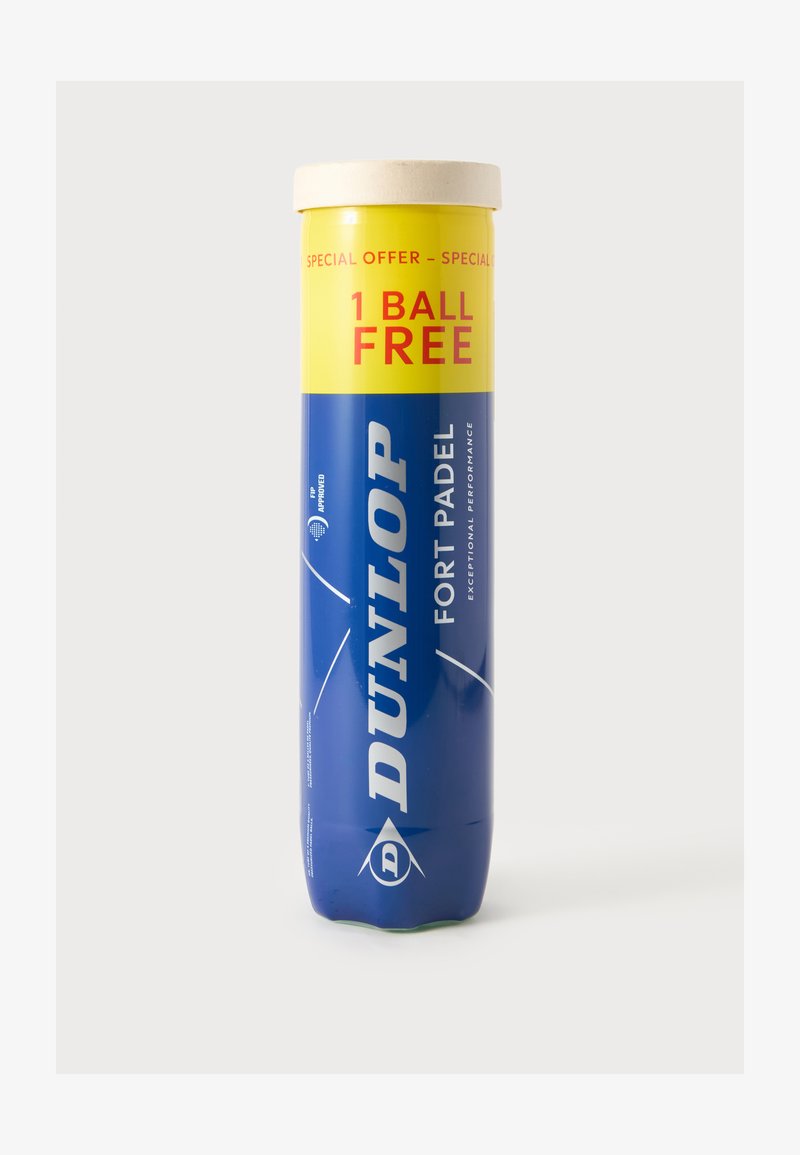 Κουτί με μπάλες Dunlop Fort Padel με μπλε και κίτρινο σχέδιο, με ετικέτα προσφοράς "1 ball free" και εγκεκριμένο λογότυπο FIP.