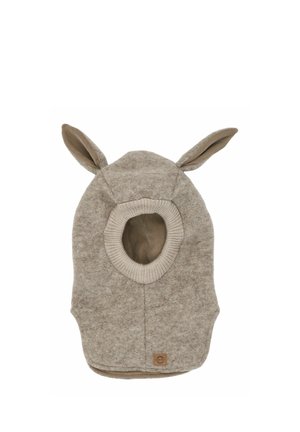 Cagoule en laine beige avec ouverture faciale côtelée et deux oreilles douces et pointues sur le dessus, conçue pour la chaleur et un style ludique.