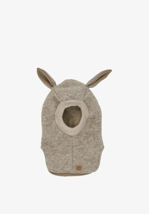 Cagoule en laine beige avec ouverture faciale côtelée et deux oreilles douces et pointues sur le dessus, conçue pour la chaleur et un style ludique.