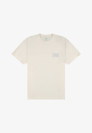 Gebroken witte korte mouw T-shirt met een klein blauw "Lee" logo op de linkerborst, ronde hals, eenvoudig ontwerp.