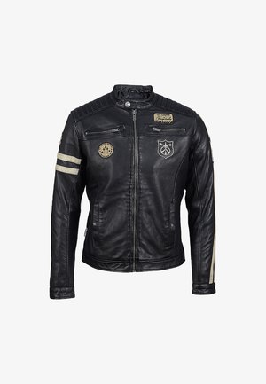 Zwarte leren jas met ritszakken, schouderpadding en decoratieve patches. Accenten met beige strepen op de mouwen.