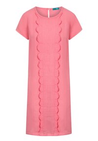 Robe en lin rose avec manches courtes, encolure ronde et détails festonnés le long du panneau avant. Design simple, longueur au genou.