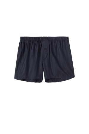 Mørkeblå badebukser med elastisk talje, der har en knap og sidelommer. Stoffet har en subtil tekstur og stribet mønster.