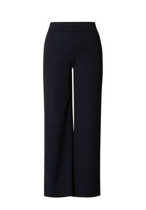 Black wide-leg pants made of smooth, stretchy fabric. Features a mid-rise waistband with no visible seams or pockets.