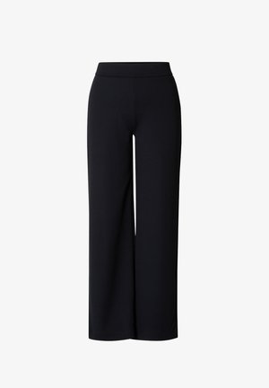 Black wide-leg pants made of smooth, stretchy fabric. Features a mid-rise waistband with no visible seams or pockets.