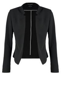Blazer noir avec une silhouette ajustée, fabriqué en tissu lisse. Comprend une fermeture éclair cachée, un design sans col et des manches longues.