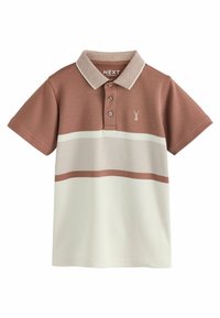 Brun og creme stribet polo skjorte med flip, tre-knap lukning og et lille broderet logo på brystet. 100% bomulds materiale.