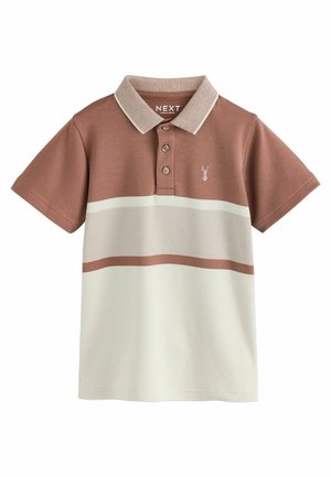 Brūns un krēms svītrots polo krekls ar apkakli, trīs pogu aizdari un mazu izšūtu logotipu uz krūšu. Kokvilnas materiāls.