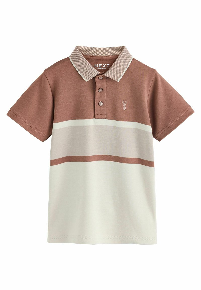 Brun og creme stribet polo skjorte med flip, tre-knap lukning og et lille broderet logo på brystet. 100% bomulds materiale.