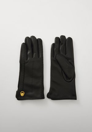 Guanti in pelle nera con una texture liscia, caratterizzati da una cucitura decorativa e un accento dorato sul polso.