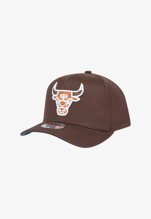 Brown cap with a structured design, featuring a white and orange embroidered bull logo on the front, and a blue underside of the brim.