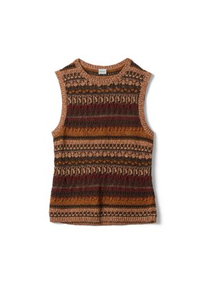Gilet tricoté sans manches aux tons terreux avec des rayures horizontales à motifs en marron, orange et bordeaux.