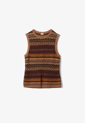 Ärmellose Strickweste in Erdtönen mit horizontalen, gemusterten Streifen in Braun, Orange und Burgunderrot.