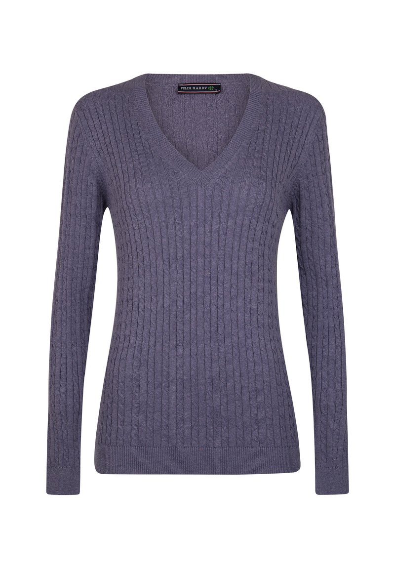 V-Ausschnitt Pullover in helllila, aus geripptem Strickstoff. Mit langen Ärmeln und taillierter Passform, mit einem enganliegenden, gerippten Saum.