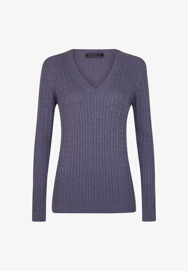 V-Ausschnitt Pullover in helllila, aus geripptem Strickstoff. Mit langen Ärmeln und taillierter Passform, mit einem enganliegenden, gerippten Saum.