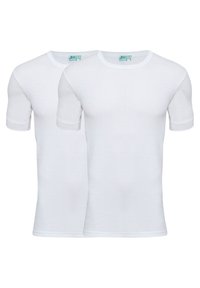 Hvide bomulds t-shirts, rund hals, korte ærmer, glat tekstur; to stykker vist. Simpelt design, ingen mønstre eller grafik synlige.