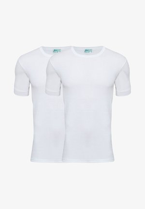Hvide bomulds t-shirts, rund hals, korte ærmer, glat tekstur; to stykker vist. Simpelt design, ingen mønstre eller grafik synlige.