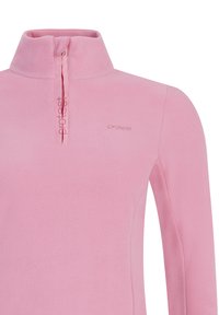Pullover in fleece rosa con zip a quarti e colletto alto, caratterizzato da un ricamo sottile del logo "protest" sul petto e sulla pattina della zip.