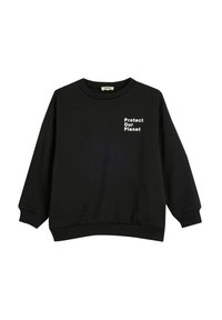 Zwarte sweatshirt van een katoenmengsel, met een ronde hals en verlaagde schouders. "Bescherm onze planeet" in het wit op de voorkant gedrukt.