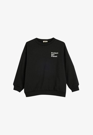 Zwarte sweatshirt van een katoenmengsel, met een ronde hals en verlaagde schouders. "Bescherm onze planeet" in het wit op de voorkant gedrukt.