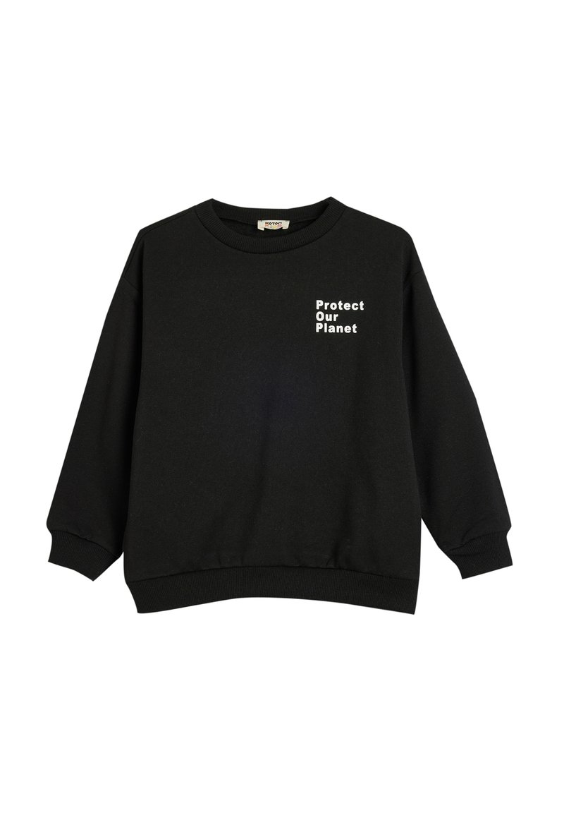 Zwarte sweatshirt van een katoenmengsel, met een ronde hals en verlaagde schouders. "Bescherm onze planeet" in het wit op de voorkant gedrukt.