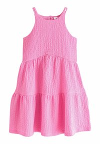 Roza obleka brez rokavov iz teksturirane tkanine. Ima oprijet zgornji del in krilo z naborki, okrogel izrez in zapiranje z gumbom na hrbtu.