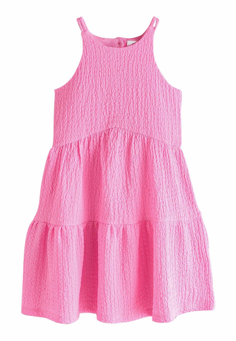 Roza obleka brez rokavov iz teksturirane tkanine. Ima oprijet zgornji del in krilo z naborki, okrogel izrez in zapiranje z gumbom na hrbtu.