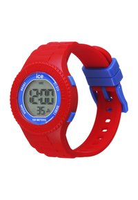 Reloj digital con correa de silicona roja, acentos azules y esfera circular. Cuenta con una pantalla digital y resistencia al agua de hasta 100 metros.